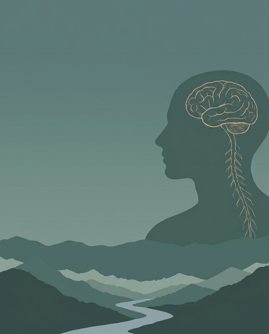 Golden line art of a brain and nervous system inside a silhouetted profile, above misty mountains