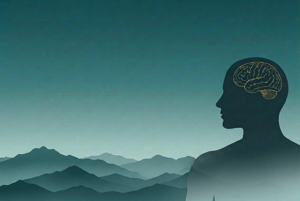 Golden line art of a brain inside a small silhouetted profile on the right, above misty layered mountains